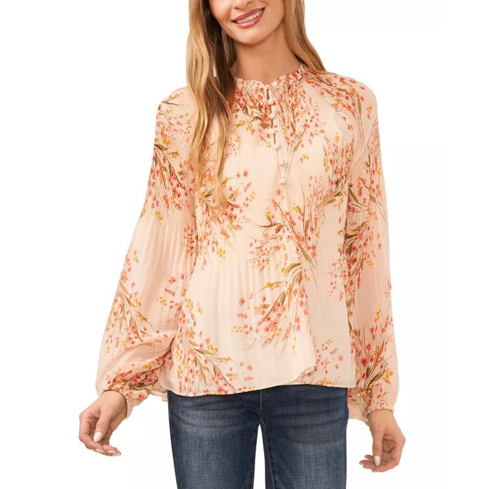 CeCe Women's Pleated Floral-Print Long-Sleeve Top Size M